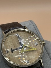 Consort Analog Wood Grain Beige Dial Brown Leather Stainless Steel Wristwatch
