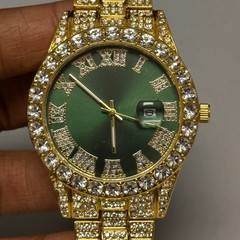 Mens Bling Watch Gold Tone Green Dial Date Window 42MM New Battery 8.5″