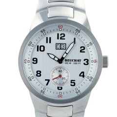 Beuchat Overstep Mens Watch Silve Dial Big Date Swiss 100M Steel Quartz Bracelet