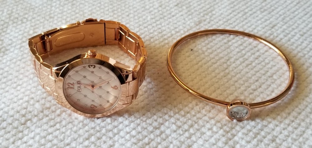 NIB Folio Rose Gold Watch & Bracelet Set Quilted Dial w/Crystals New Battery