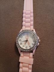 Breast Cancer Awareness Pink Ribbon Silver Tone Analog Watch Bedazzled Face