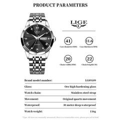 LIGE Men Watch Quartz Stainless Steel Luminous Date Waterproof Ladies Wristwatch