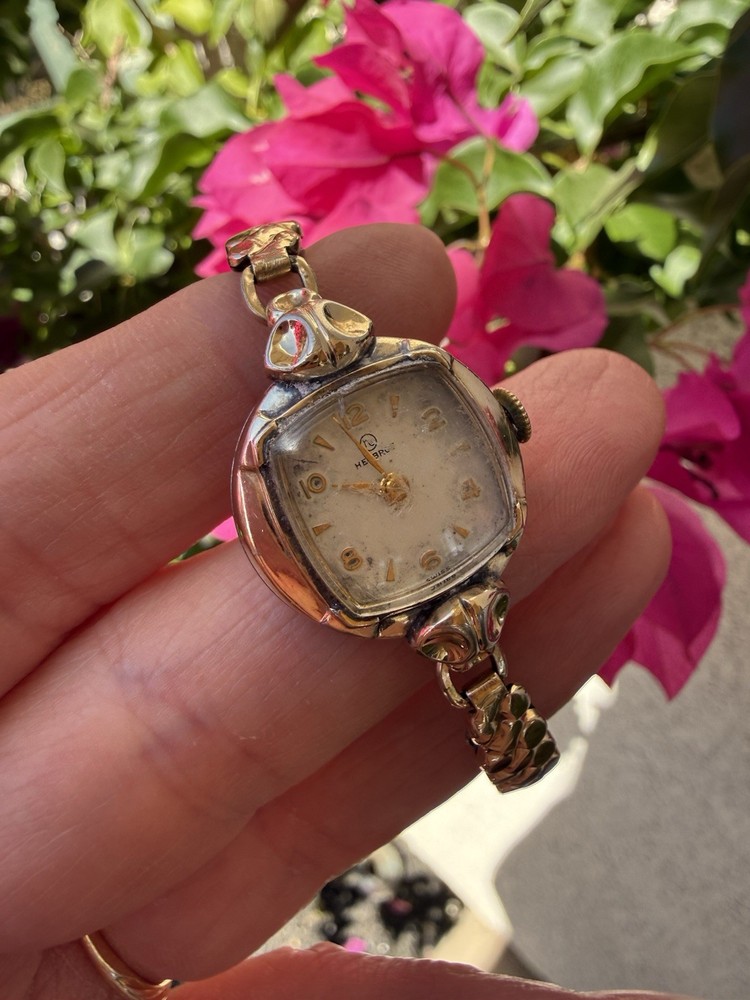 VTG Helbros Watch 10k Rolled Gold Plate Bezel & 1/20 12k GF Band Rose Co RUNS