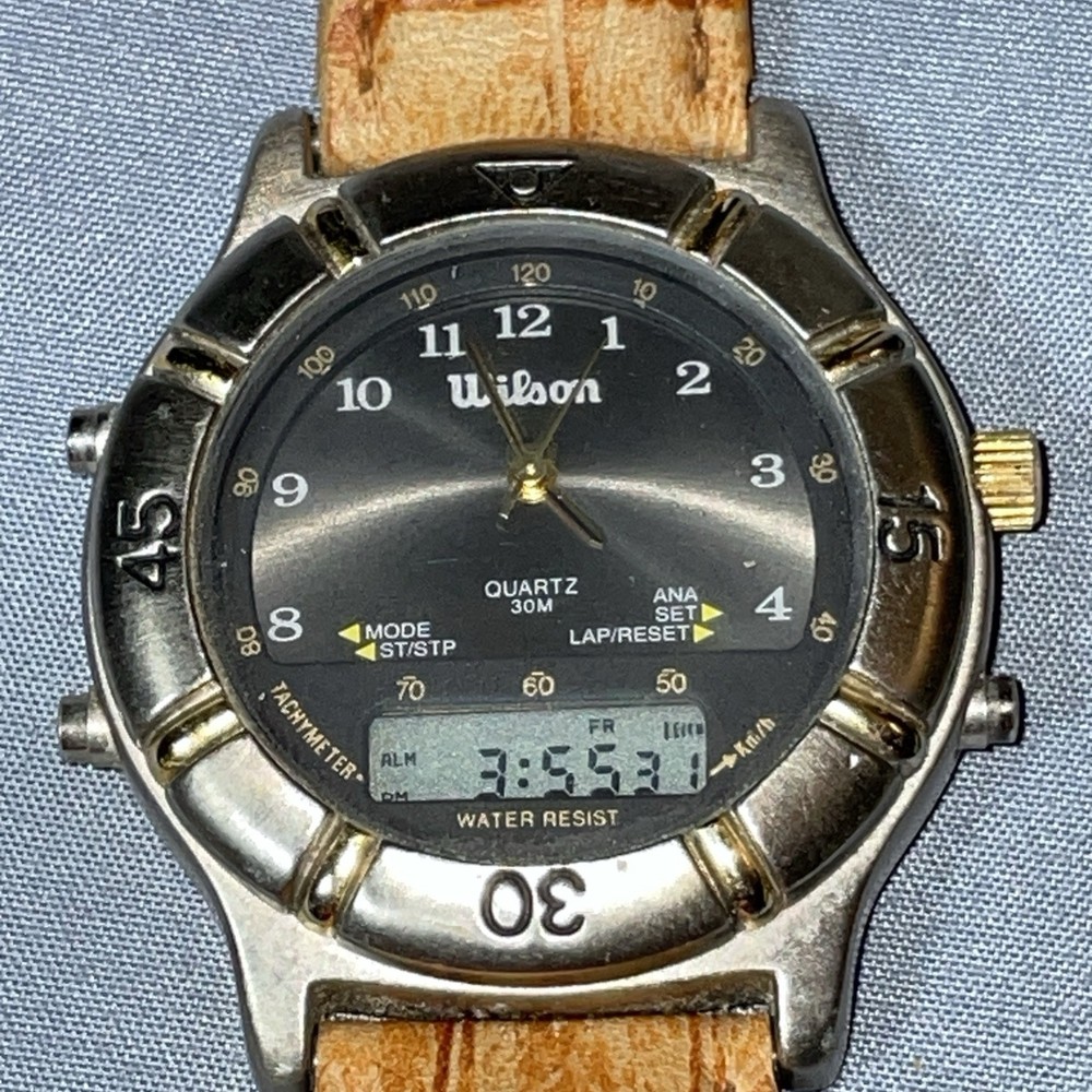 Vtg Wilson Ani-digi Watch Tachometer, WR Stopwatch Rotating bezel Leather W-29