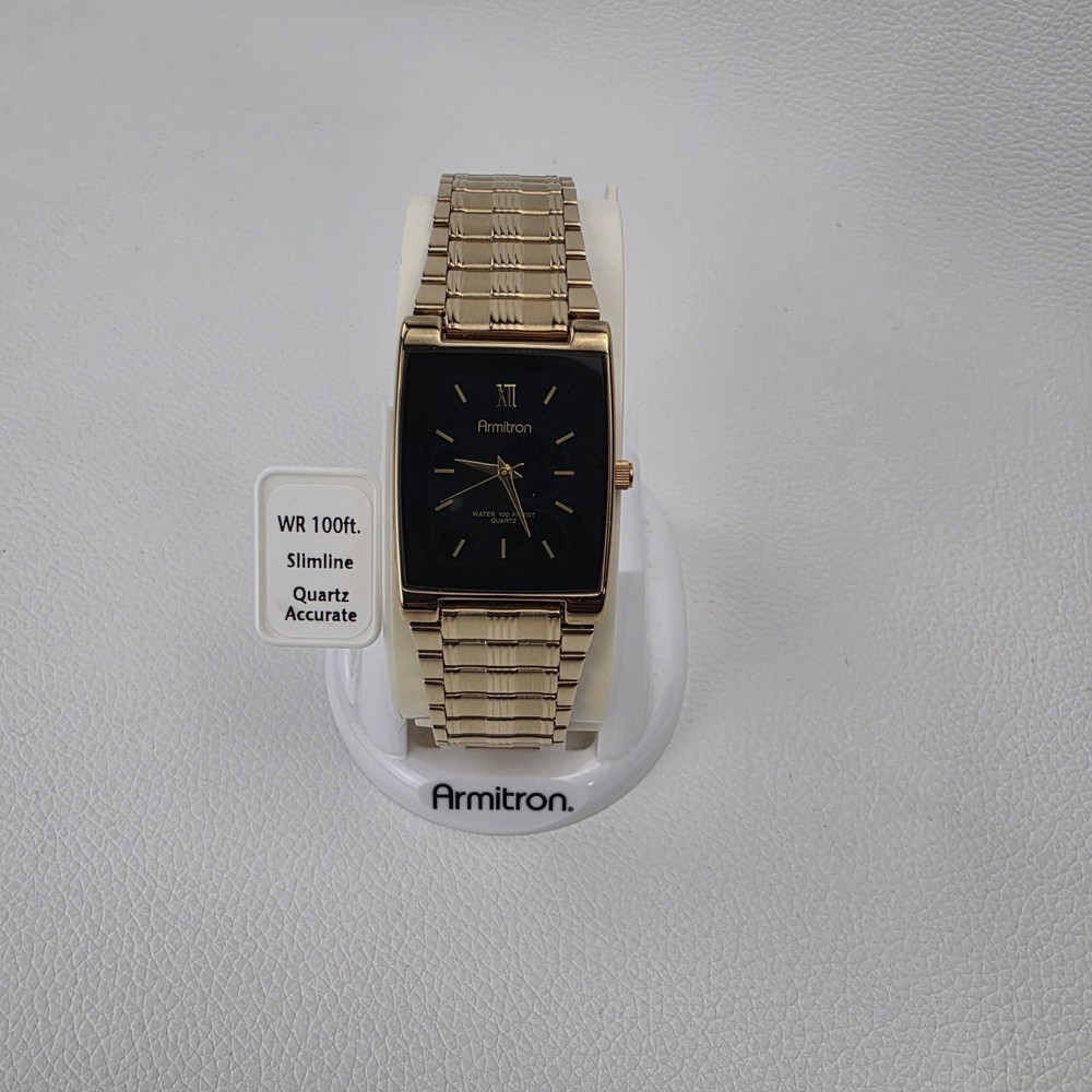 Armitron 20 / 1576 Gold Tone Rectangle Quartz Watch Black Dial Stretch Band NOS