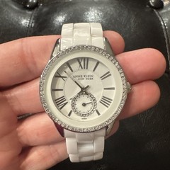 Anne Klein 12/2199 White Ceramic Band Crystal Accented NEEDS BATTERY