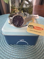 Fossil Y2K Ladies Clasp Watch purple dial, steel band *Needs Battery*