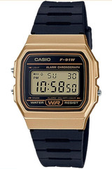 Casio F-91W Digital Quartz Watch Gold Resin Case Black Resin Strap Alarm Vintage