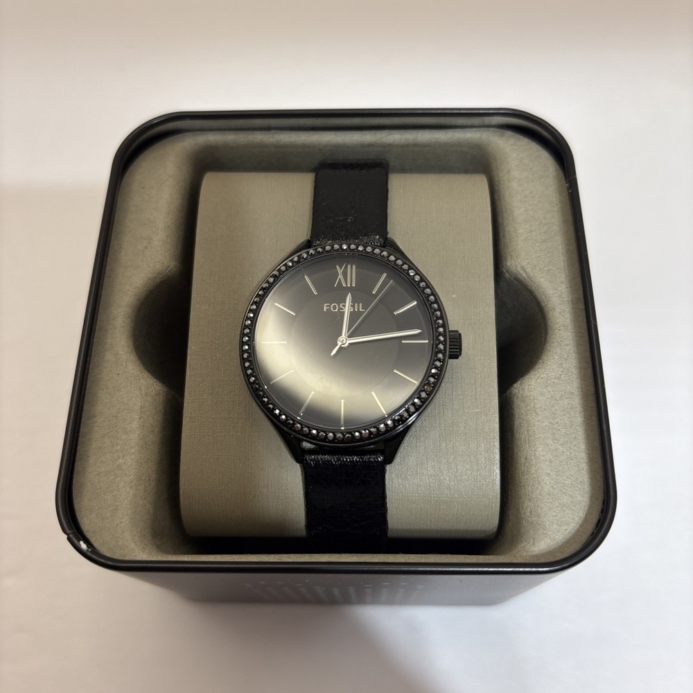 FOSSIL BQ3427 Black IP Stainless Steel Crystal Dial PU Strap Watch Tested
