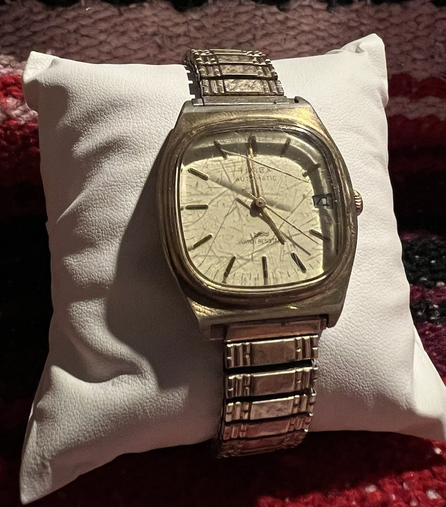 Timex Automatic 16J Watch Silver Dial Date Cushion Gold Tone Expansion Bracelet