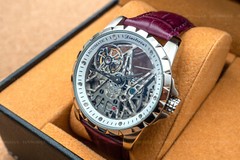 Mens Silver Flywheel Skeleton Automatic Mechanical Watch Purple Leather