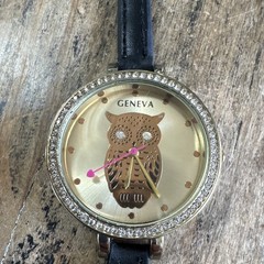 Geneva Women’s Quartz Owl Dial Gold Tone Rhinestone Bezel Black Leather Watch