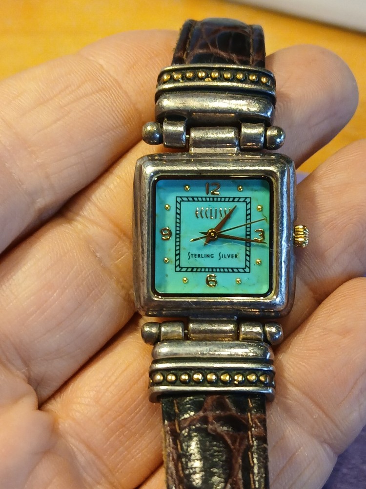 Ecclissi Sterling Silver 925 Case/Latch Turquoise Dial Watch Leather Band Untest