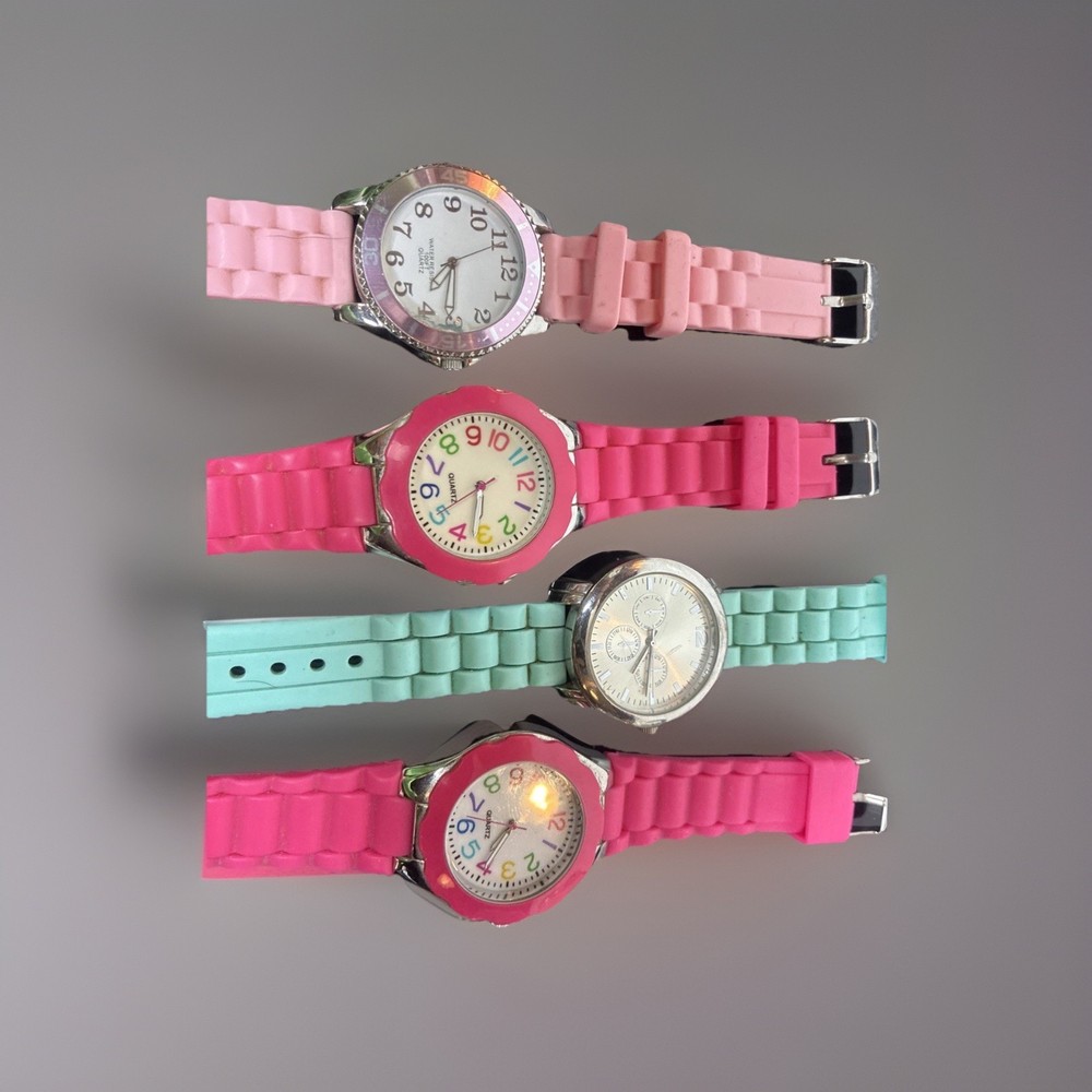 Lot Of 4 Watches Jelly sport Bands Vibrant Pink Multi Colored Arabic Numerals Qu