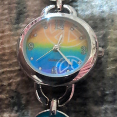 Accutime Womens Quartz Analog Watch Peace Sign Multicolor Dial Silver Bracelet