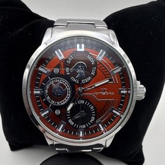 Montres Carlo Men’s Red Black Dial Stainless Steel Watch Day Date 24-Hour