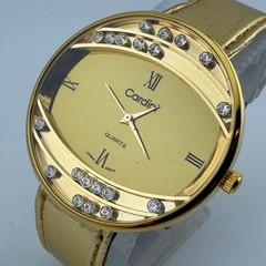 VTG Cardini Japan Quartz Watch Unisex Gold Tone Rhinestone Leather New Battery