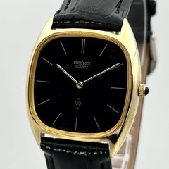 SEIKO Quartz 7820-5000 Black Dial Gold Cushion Dress Watch Japan 1992 Men 31.5mm