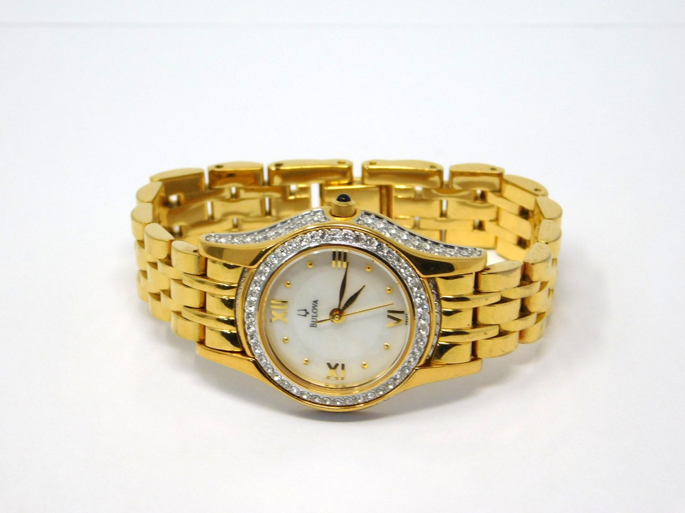 Bulova Women’s Watch 98V27 Crystal Bezel White Dial Mineral Glass 26mm 5.5″ Size