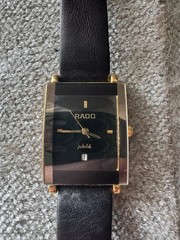 Rado Jubilé Quartz Rectangle Black Dial Date Gold Tone Case Black Leather Strap