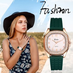 Women Girls Rhinestone Square Dial Jelly Silicone Band Quartz Analog Wrist Watch