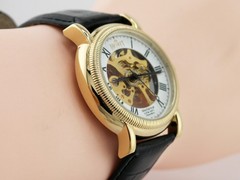NEW NICOLET 1886 NT322122 MECHANICAL SKELETON WATCH GOLD DIAL LEATHER ANALOG B