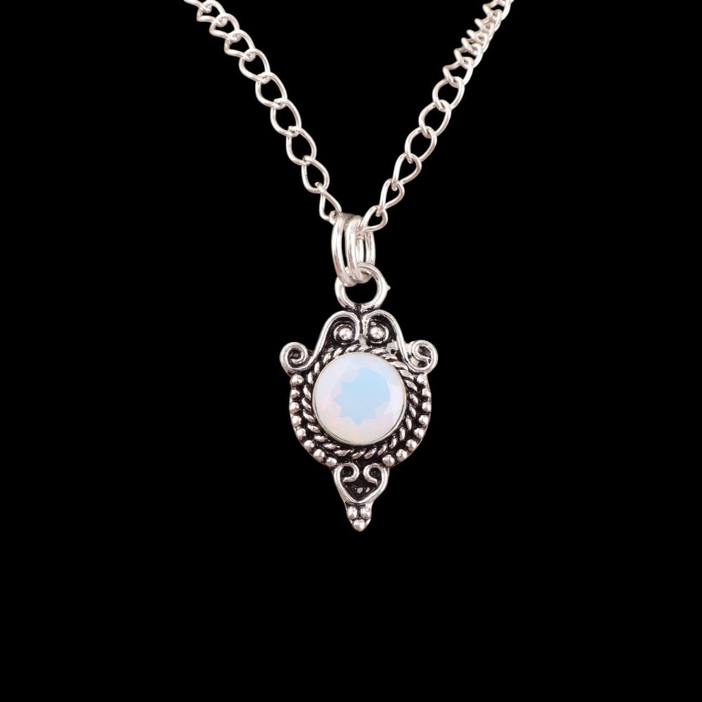 925 Silver Round Opal Pendant October Birthstone Mother Milky Opal