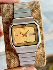 Vintage Seiko 5 6309-5640 Automatic Men’s Watch Gold Dial Day Date Square Japan