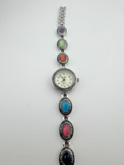 Boho Ladies Bracelet Watch Multi-Color Cabochon Stone Mother of Pearl Dial