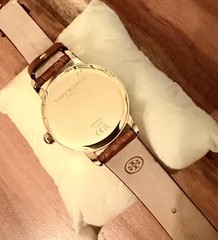 Tory Burch T-Logo Leather Band Stainless Gold-Toned Case Watch in Cammello/Ivory