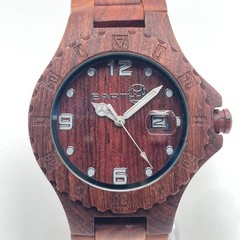 Earth Raywood Men’s Wooden Watch 41mm Date Red Cherry Mahogany New Battery 8.25″