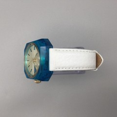 Fossil Candy Watch Unisex 35mm Blue Octagon White Leather Day Date New Battery