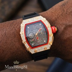 Iced Watch Rose Gold Bling Rapper Stylish Simulate Diamond Silicone Band Luxury