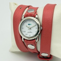 Women’s LA MER Collections Double Wrap Salmon Leather, Silver Tone Watch, Runs