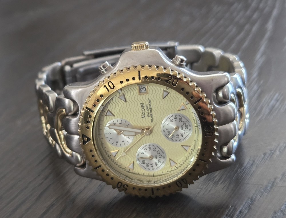 Nicolet Men’s Chronograph Two Tone Quartz Watch NC1043 Gold Dial New Battery