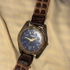 Fossil Quartz Date 30m Blue Dial Brown Leather Strap 34mm Analog Wristwatch