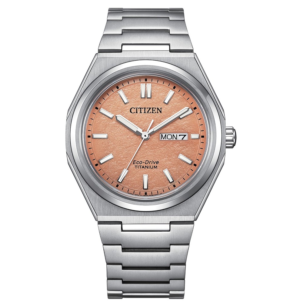 CITIZEN Zenshin AW0130-85Z Eco-Drive Salmon Dial Date Day Display Titanium Watch