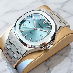 Mens Classic Luxury Watch Analog Tiffany Blue Dial Silver Bracelet Wristwatch