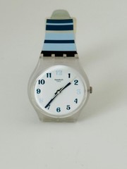 Swatch Swiss Originals NIGHT SKY Semi-Transparent Blue Stripes Watch 34mm GE275