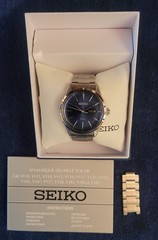 Seiko Solar Blue Dial Stainless Steel Watch SNE525P1 Great Condition