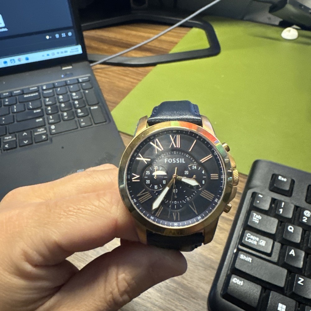 Fossil Grant Chrono Rose-Gold Case Navy blue Dial Navy Blue Leather Band FS4835