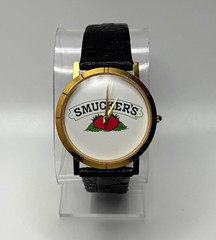 Smucker’s Strawberry Logo Dial Gold Tone Quartz Analog Watch Black Leather 38mm