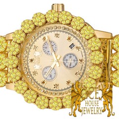 Genuine Diamond Stainless Steel Gold Canary Custom Flower Watch W/Date Ice House
