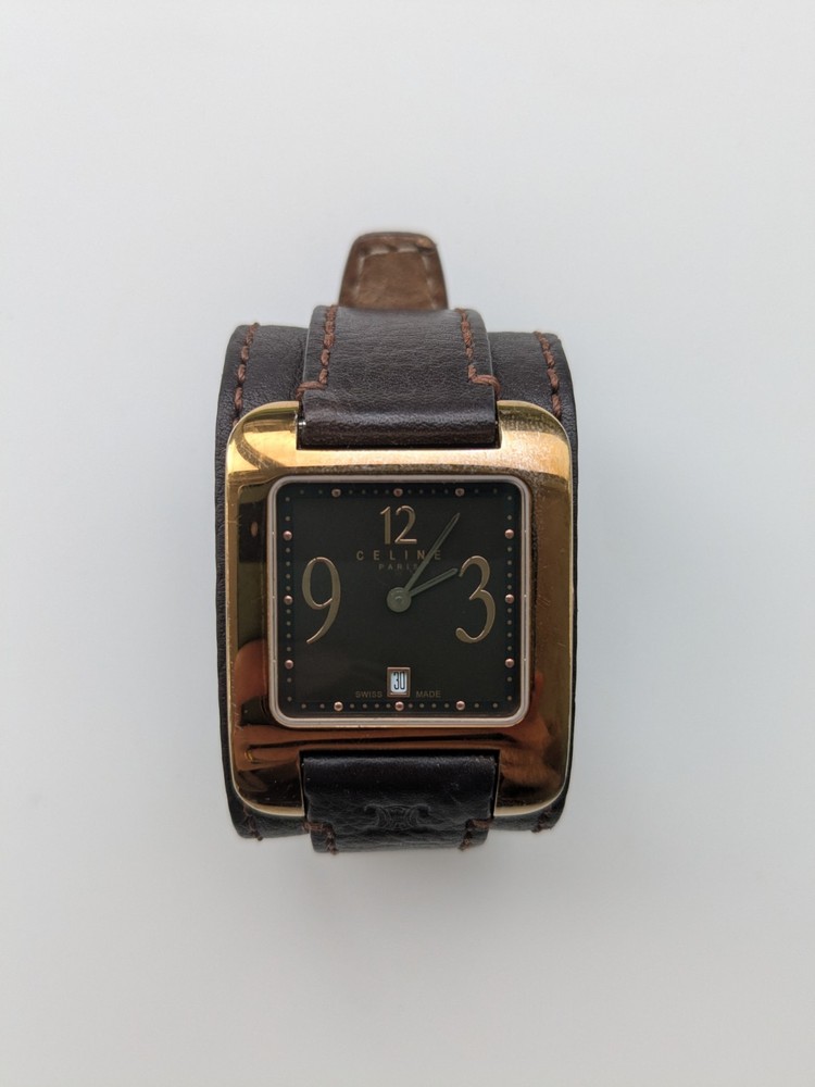 Celine Paris gold tone brown leather strap watch swiss made