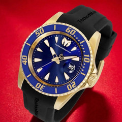 TechnoMarine Men’s Manta Sea Blue Dial Quartz Gold Trim Diver Watch Black Strap