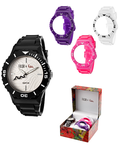 NEW FALCHI INTERCHANGABLE BLACK+WHITE+PINK+PURPLE BAND+SILVER DIAL WATCH-101785