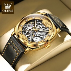 OLEVS NEW Trendy Mechanical Movement Tonneau Skeleton Leather Men’s Watch