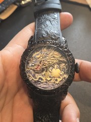 Men Engraved Gold Tone Dragon Japan 48mm Biden Watch Silicone Band New Batt C207