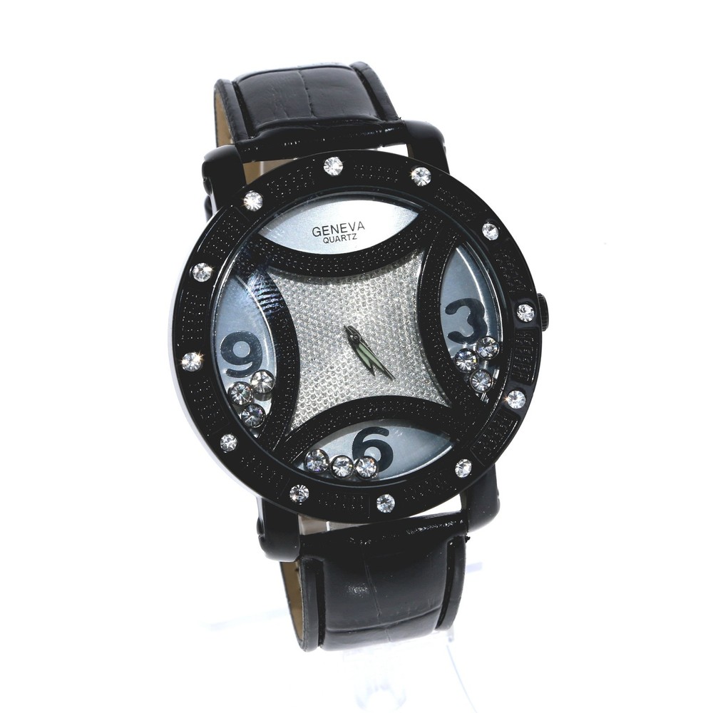 Hip Hop Men’s Floating Clear Stones, Black Finish Black Leather Band Watch