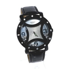 Hip Hop Men’s Floating Clear Stones, Black Finish Black Leather Band Watch
